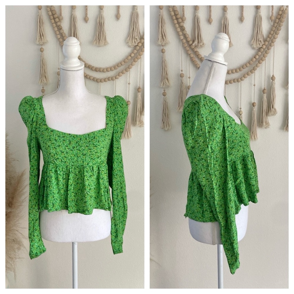 AFRM green going out top floral puff sleeve open neck cropped long sleeve medium